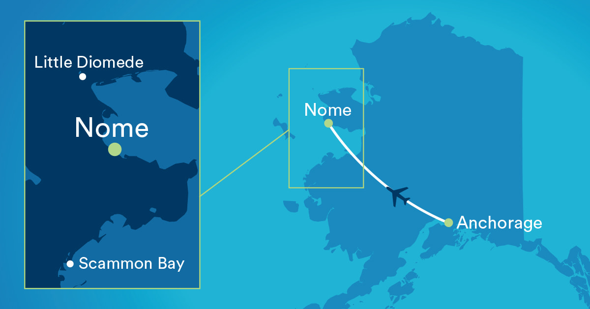 Map showing Anchorage, Nome, Scammon Bay and Little Diomede