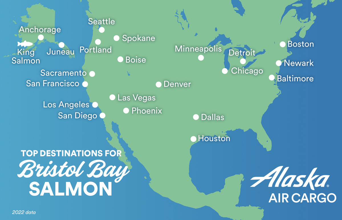 Map showing top destinations for Bristol Bay salmon