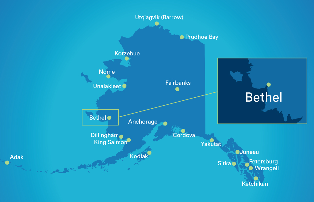 State of Alaska map with Bethel location highlighted