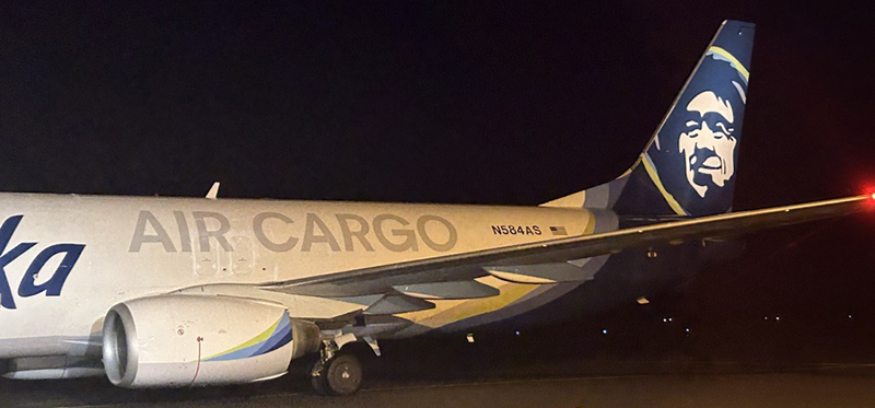 Alaska Air Cargo freighter at night