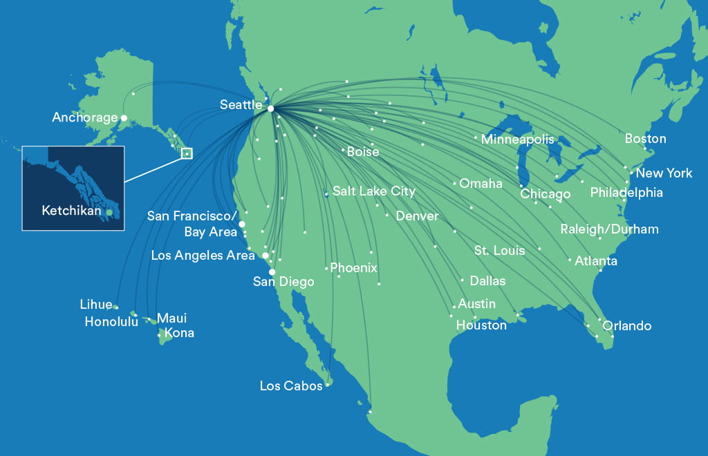 Map of United States highlighting air routes from state of Alaska and Seattle