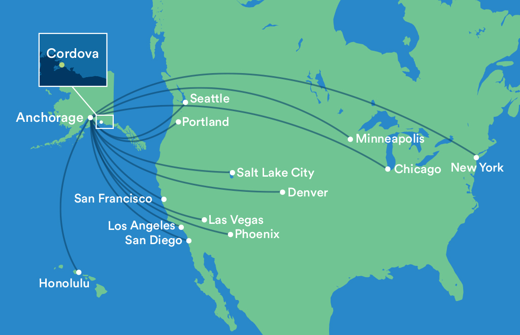 National map highlighting nonstop routes from Anchorage