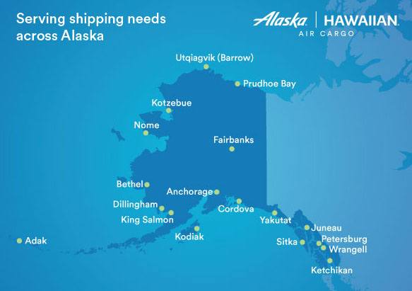 Alaska map showing communities served by Alaska Airlines